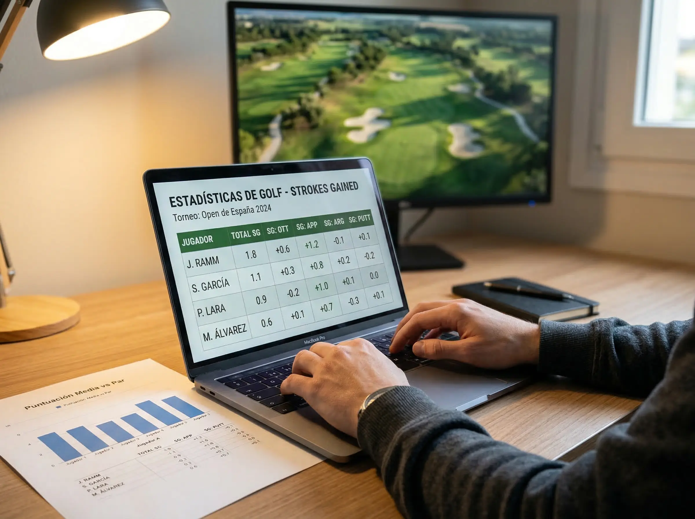 Analista revisando estadisticas de Strokes Gained de jugadores de golf en un portatil