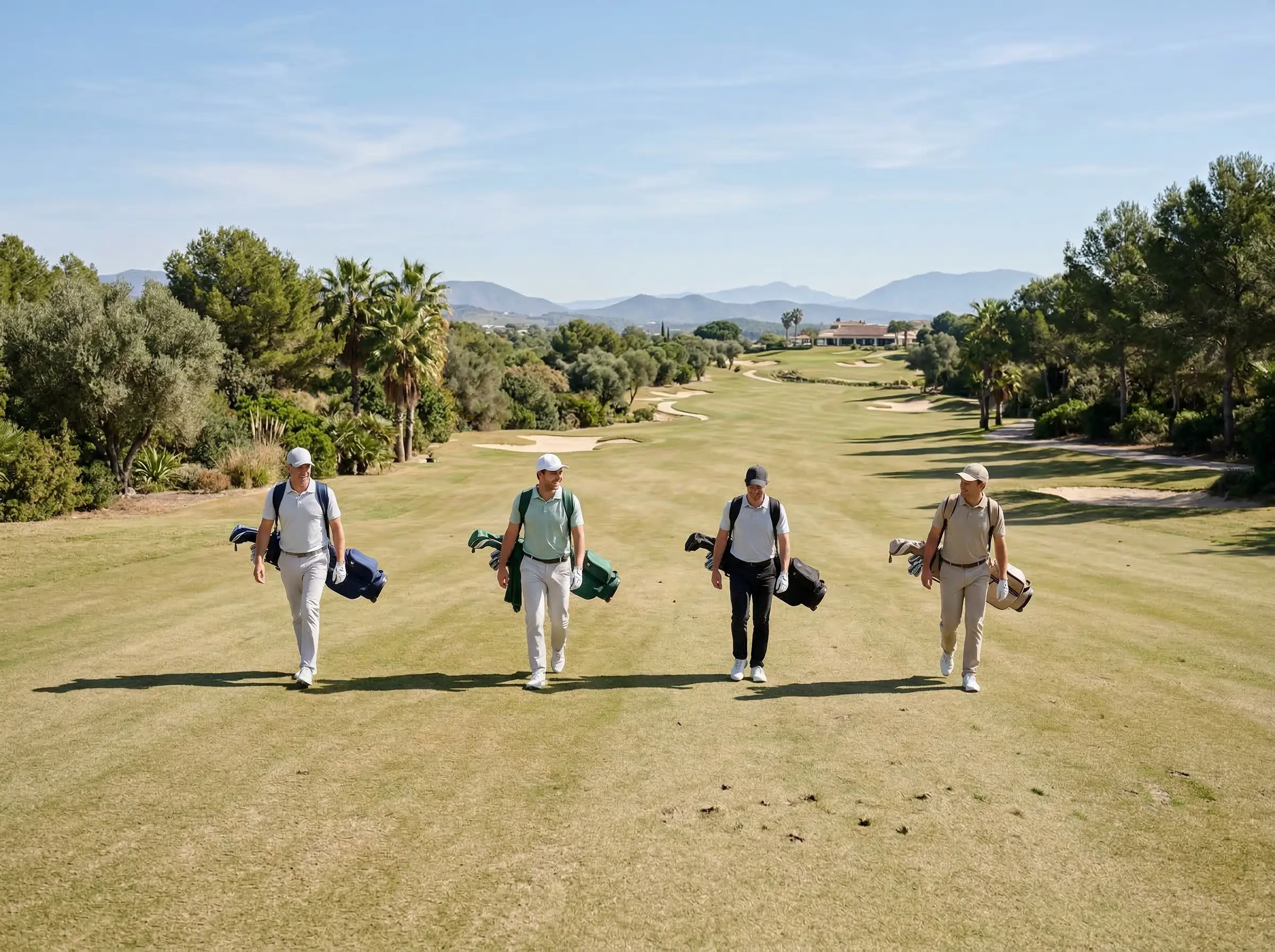 Campo de golf en Espana con jugadores aficionados durante una jornada soleada